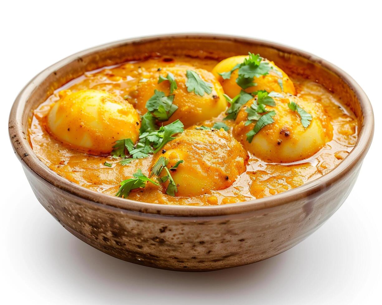 a bowl of curry with eggs and cilantro photo