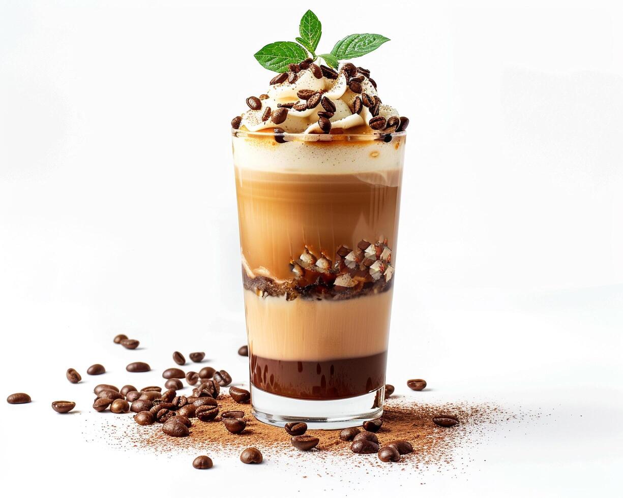 an iced coffee drink with whipped cream and coffee beans photo