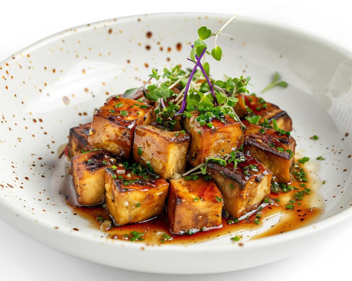 a white plate topped with a dish of food photo