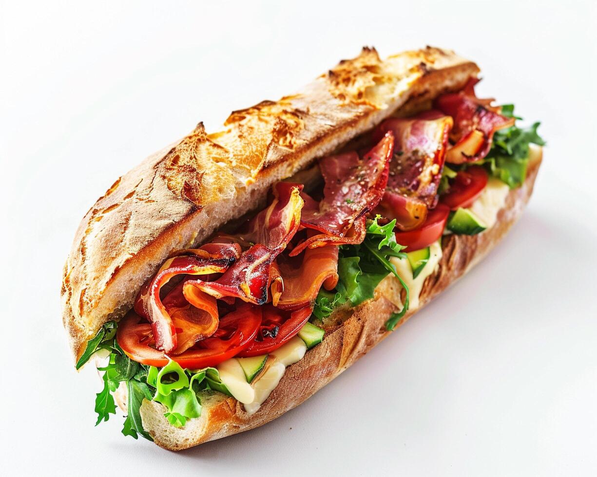 a sandwich with bacon, lettuce, tomatoes and cucumbers photo