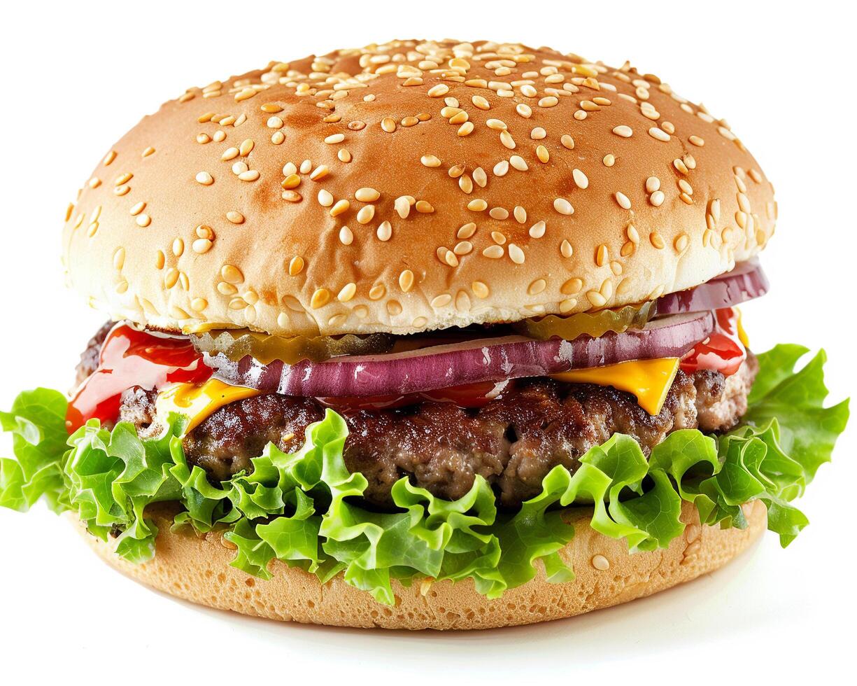 a hamburger with cheese, onions, and lettuce photo