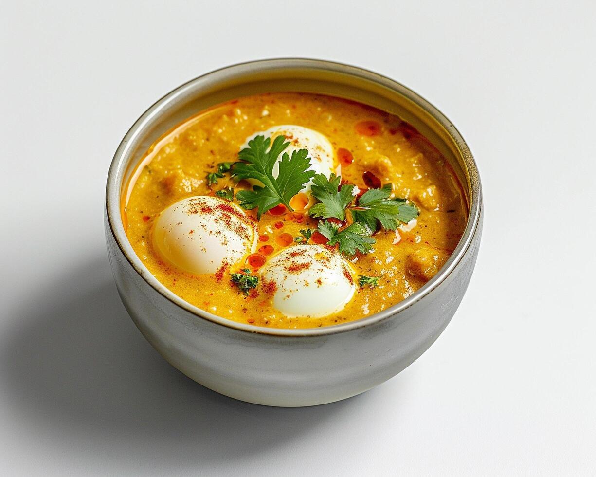 a bowl of soup with eggs photo