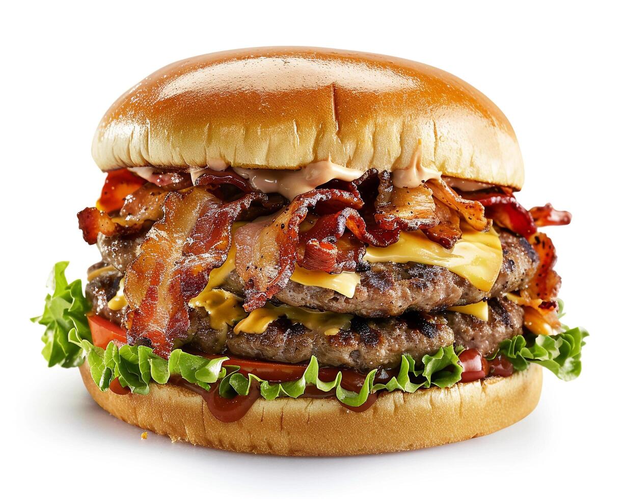 a large hamburger with bacon, lettuce and cheese photo