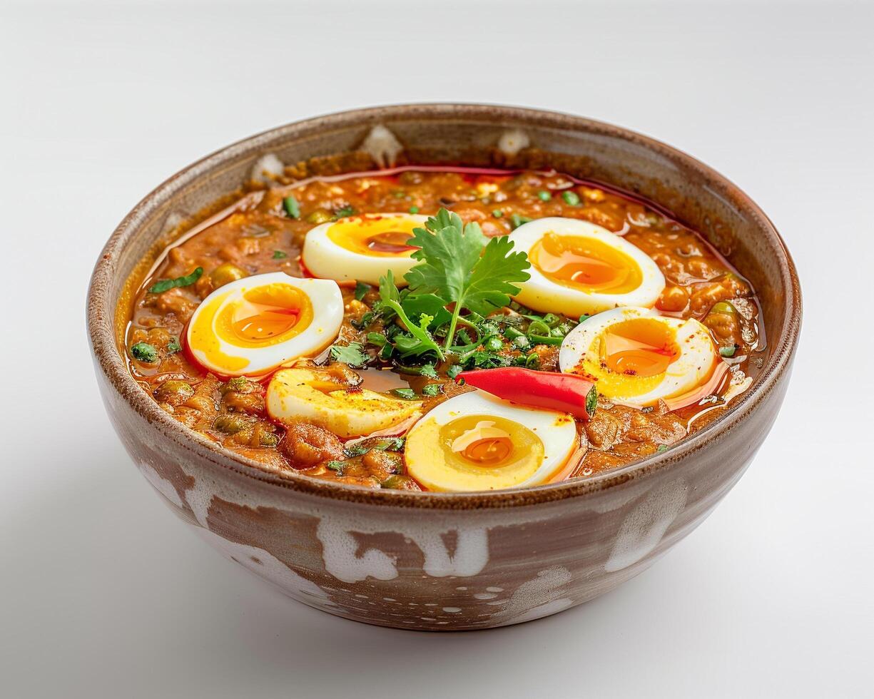 a bowl of soup with eggs and herbs photo