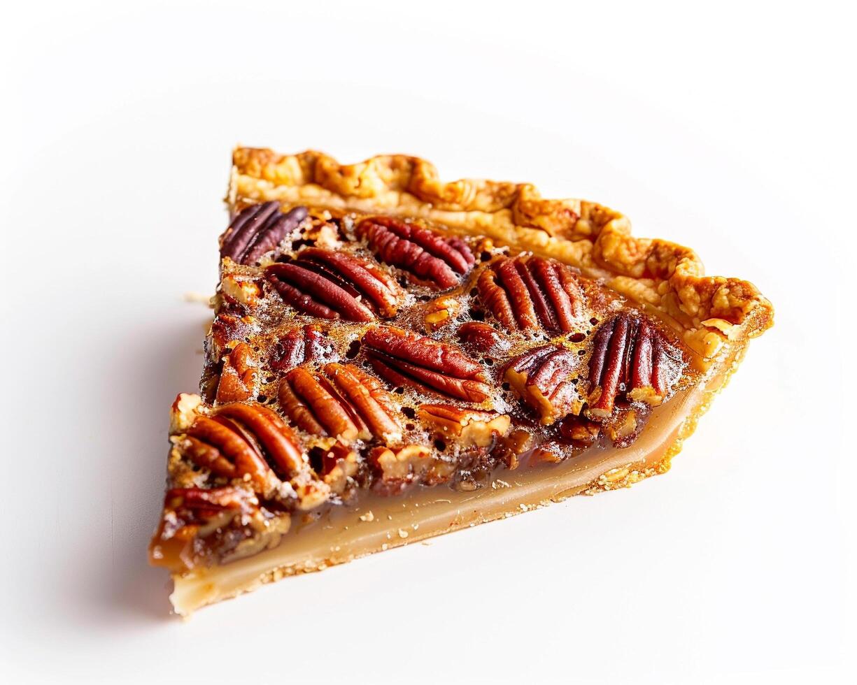 a slice of pecan pie on a white background photo