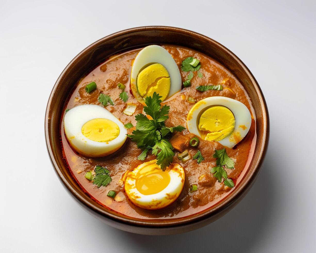 a bowl of stew with eggs and herbs photo