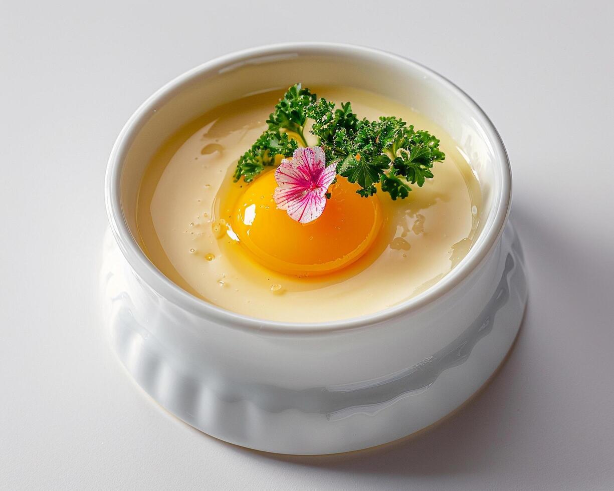 a bowl of food with an egg in it photo