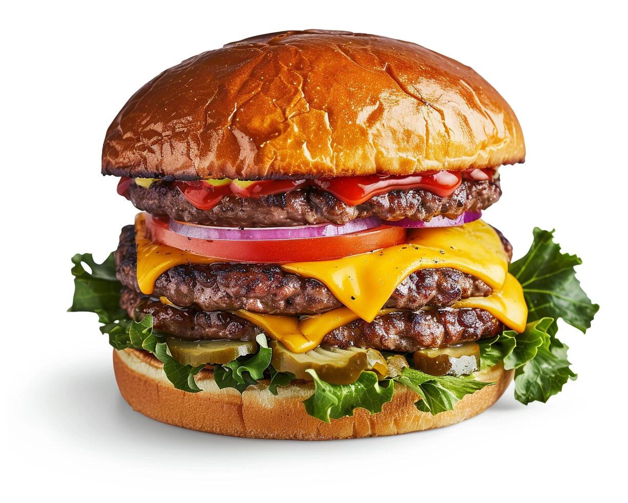 a large hamburger with cheese, lettuce and tomato photo