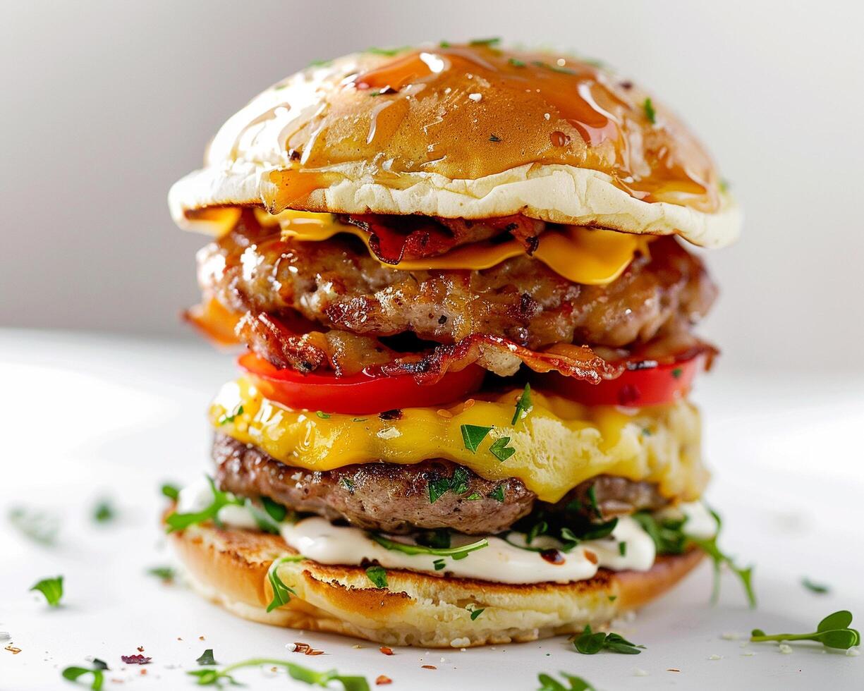A Burger with Cheese, Bacon, and Tomatoes photo