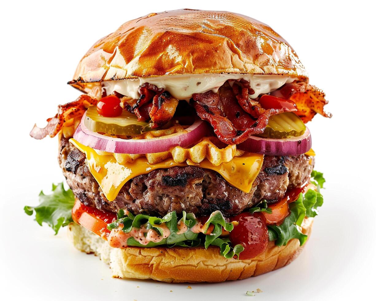 A Large Hamburger with Bacon, Cheese, and Lettuce photo