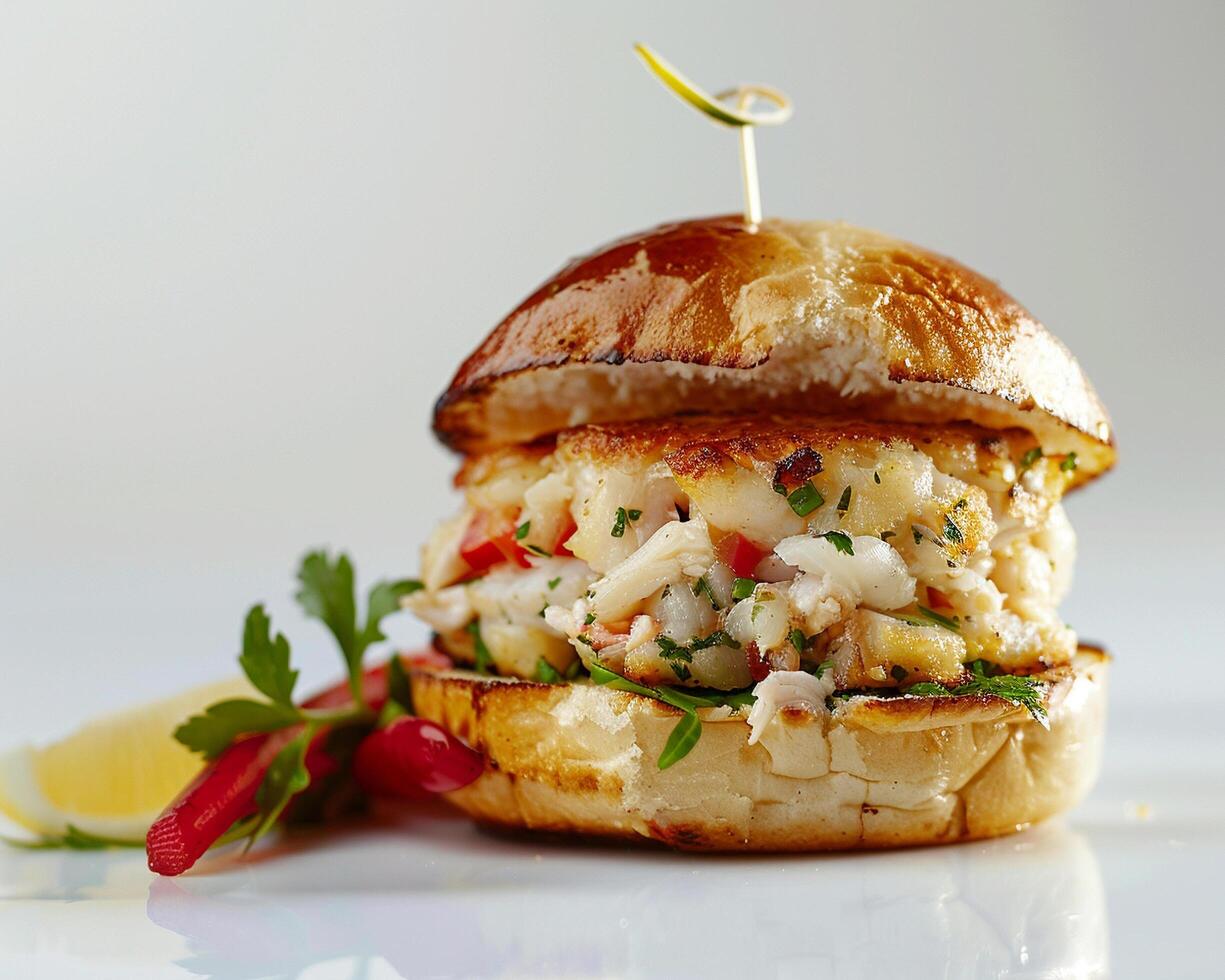 A crab cake sandwich with a pickle and a wedge of lemon photo