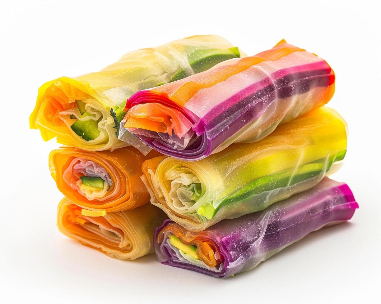 A stack of colorful spring rolls on a white background photo