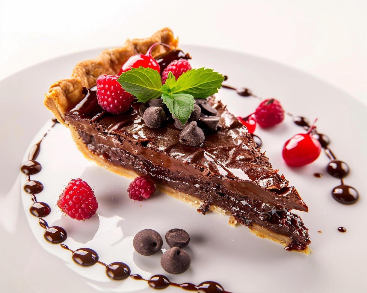 A piece of chocolate pie with berries and chocolate sauce photo