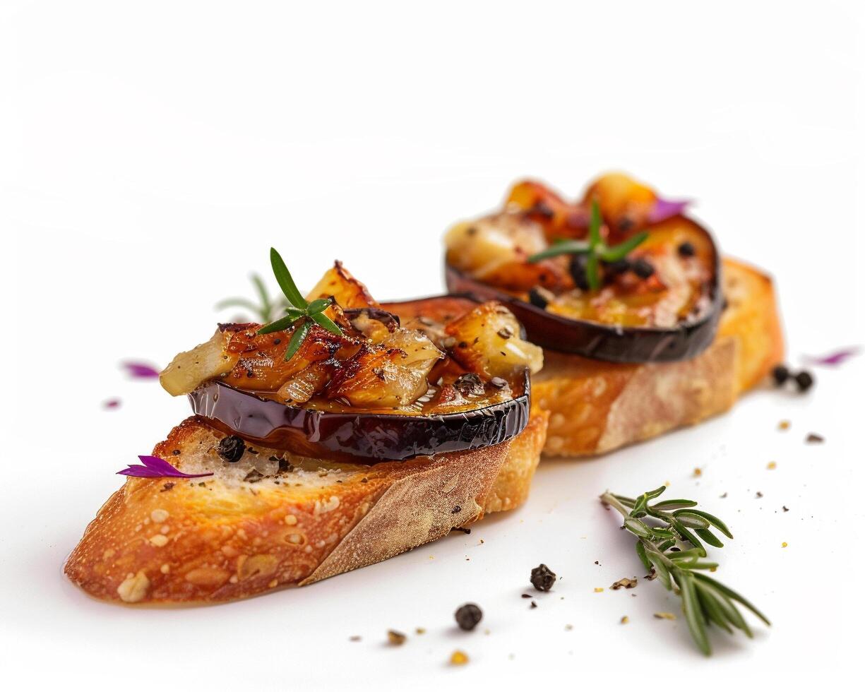 Two pieces of bread with eggplant and herbs photo