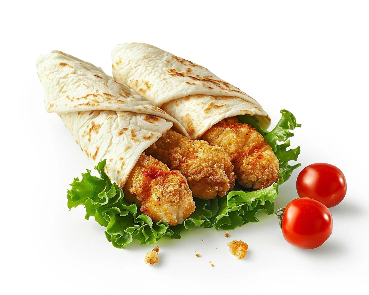 chicken nuggets in a wrap with lettuce and tomatoes photo