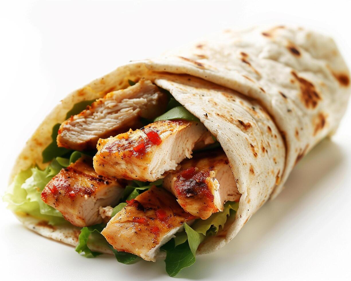 a chicken wrap with lettuce and tomatoes photo