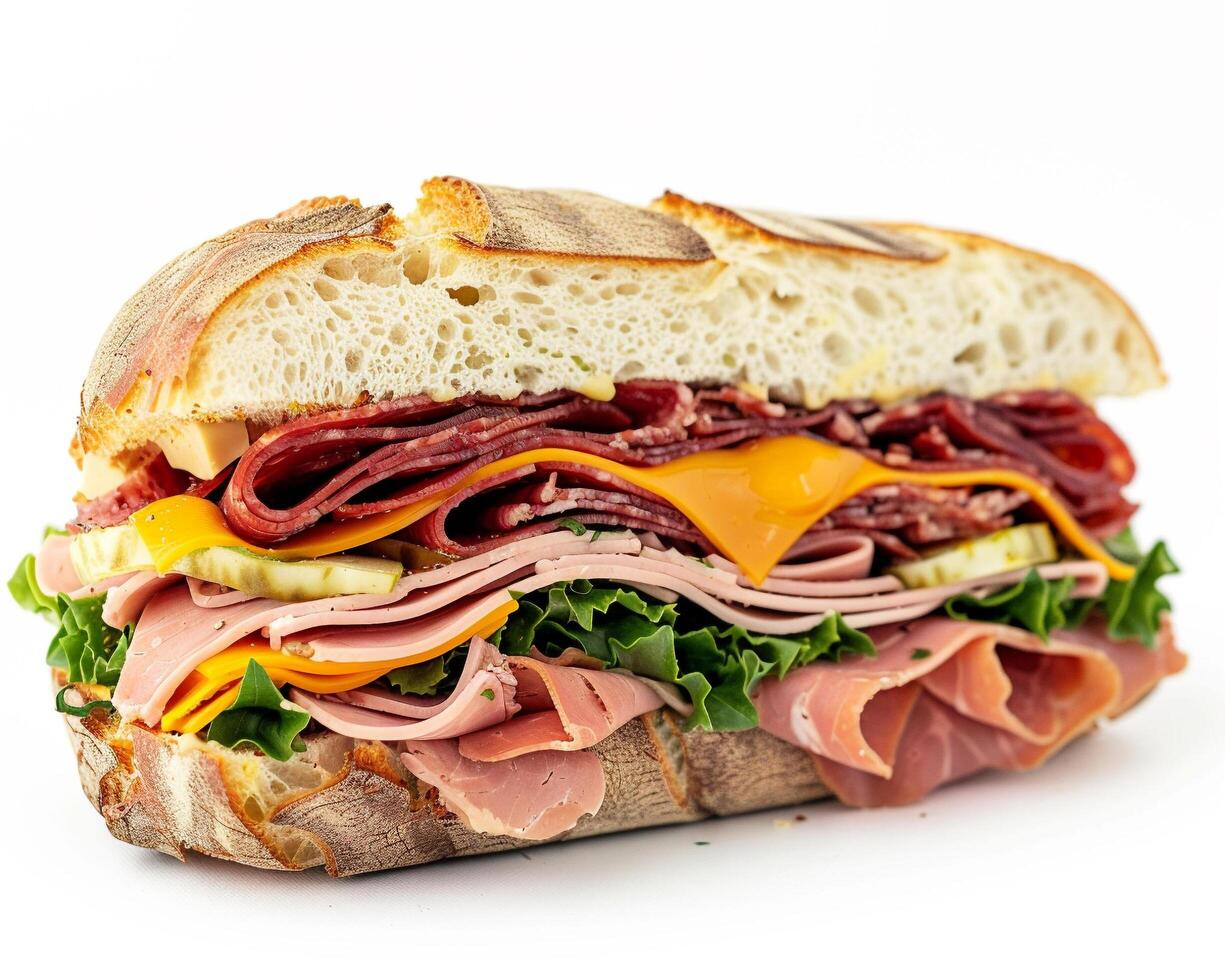 a sandwich with meat, cheese, and vegetables photo