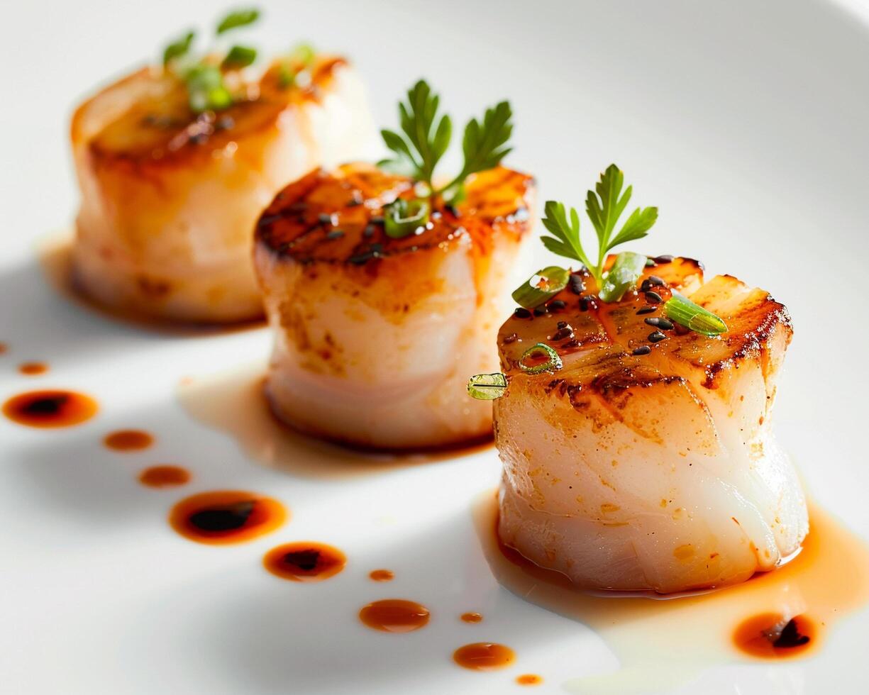 three scallops on a white plate with sauce photo