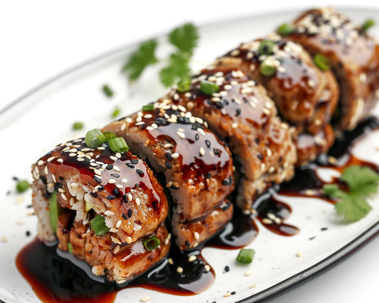 a sushi roll with sauce and sesame seeds photo