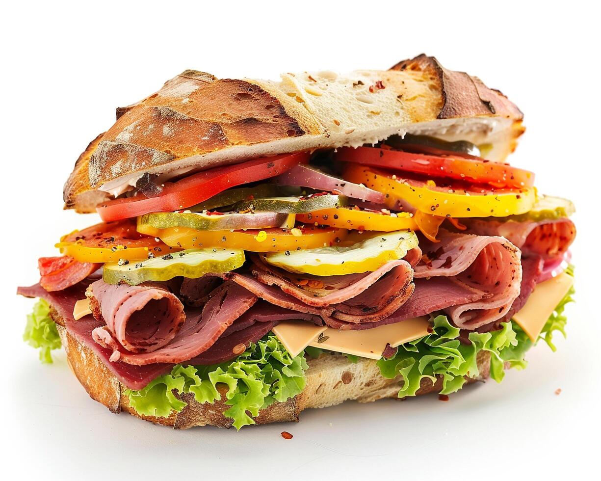 a sandwich with meat, cheese and vegetables photo