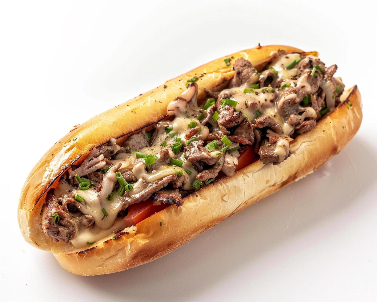a hot dog with meat and cheese on a white surface photo