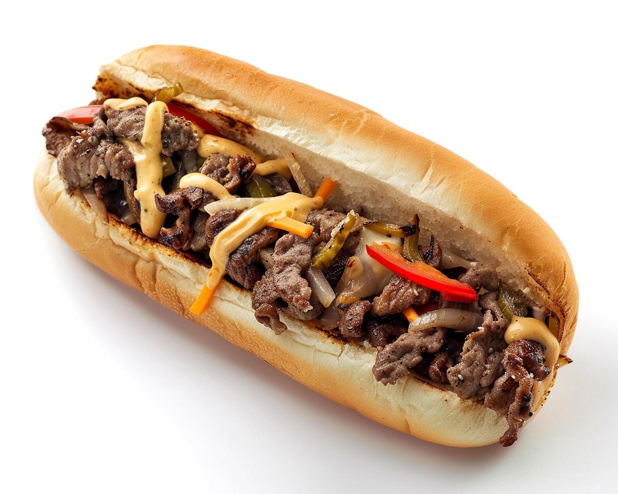 a large sandwich with meat and cheese on a white surface photo