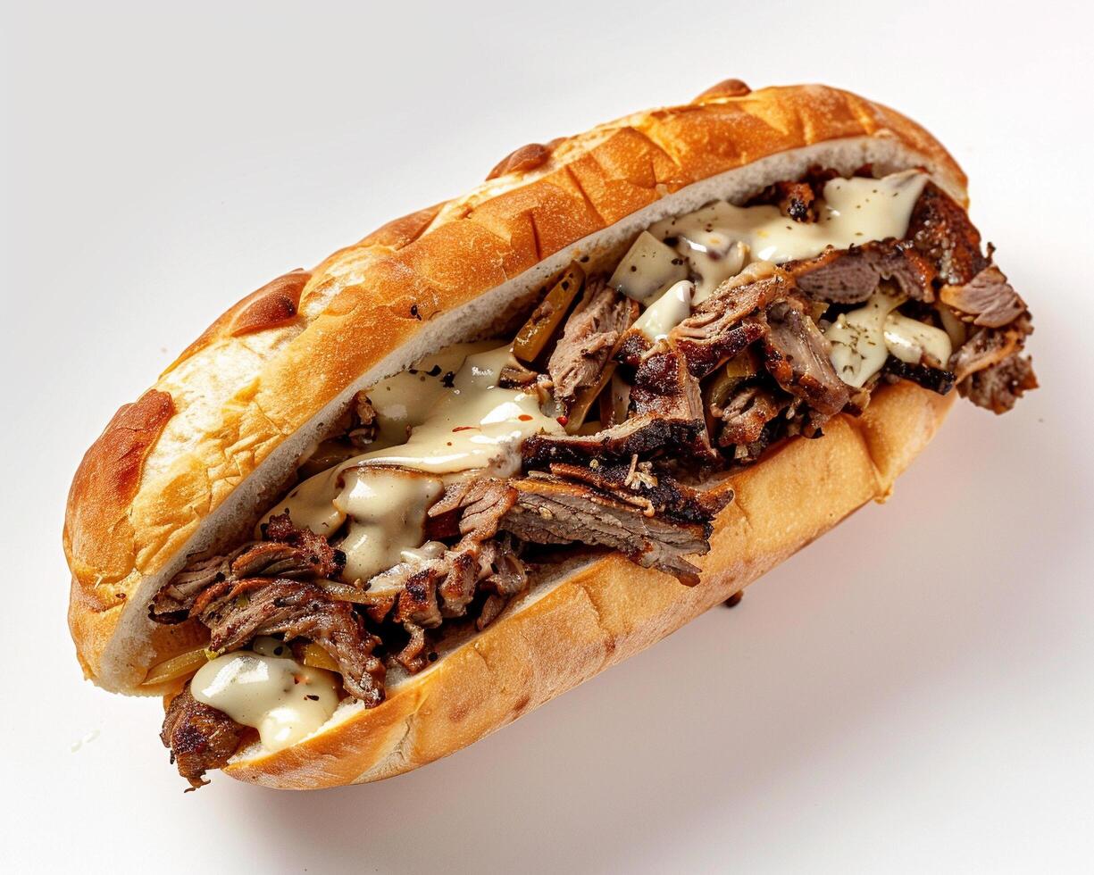 a sandwich with meat and cheese on a white surface photo