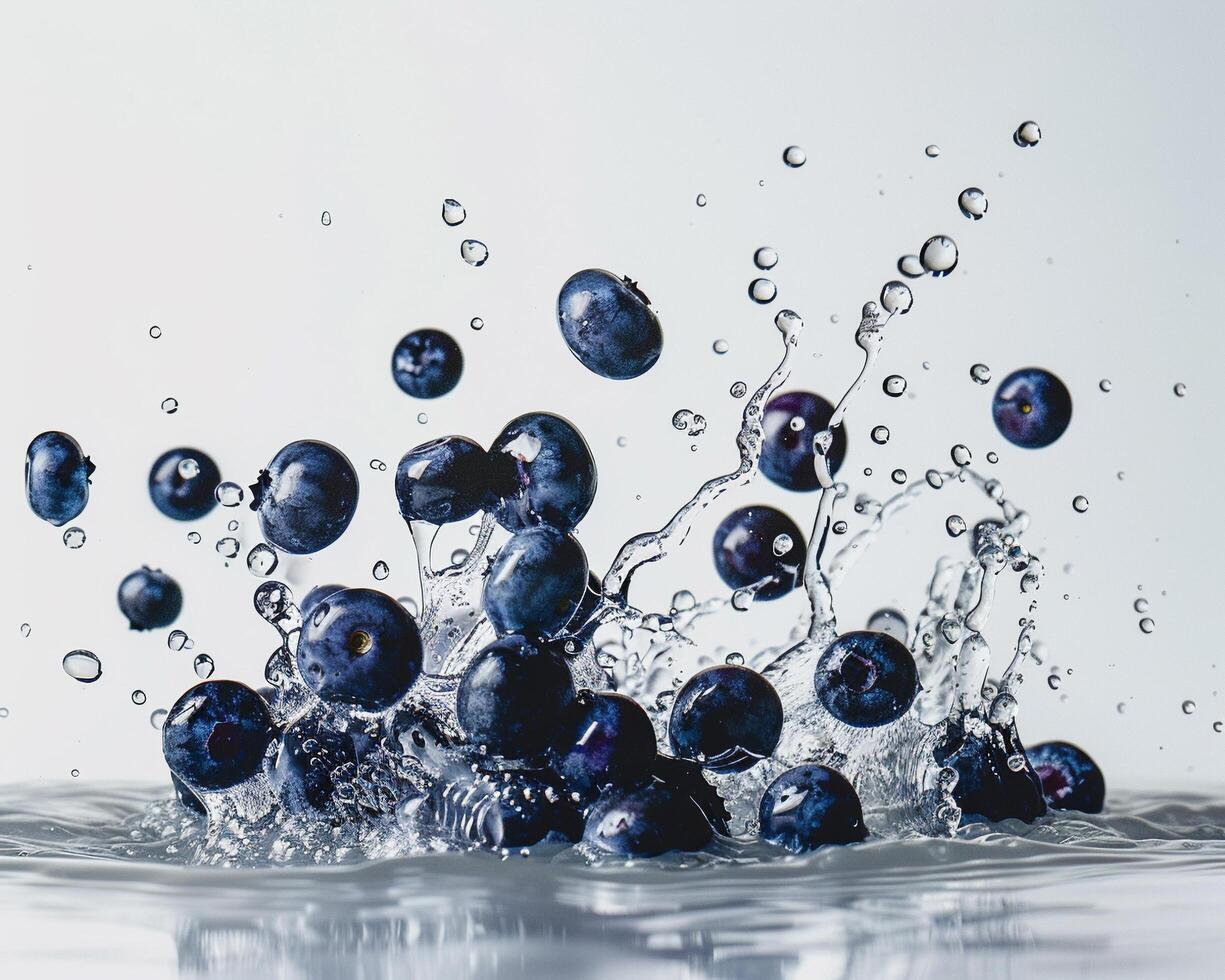 blueberries are splashing into the water photo