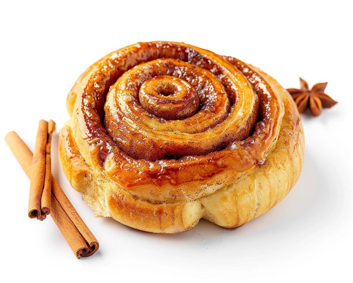 a cinnamon roll with cinnamon and star anise on a white surface photo