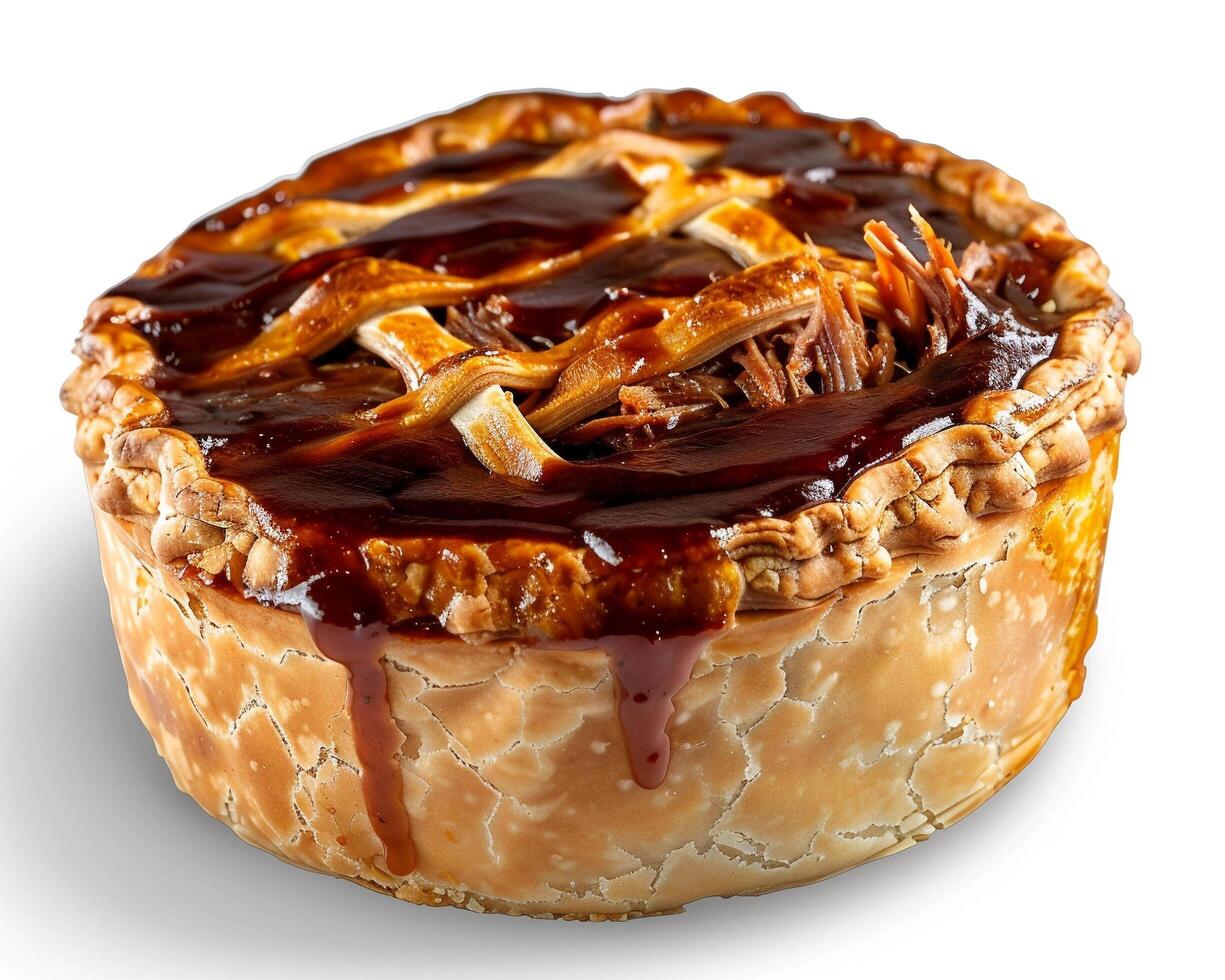 a pie with meat and sauce on top photo