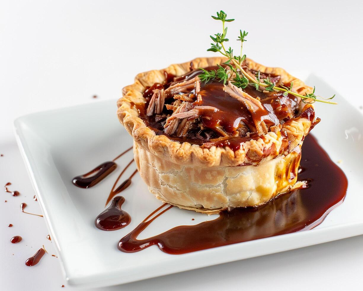 a pie with sauce on a white plate photo