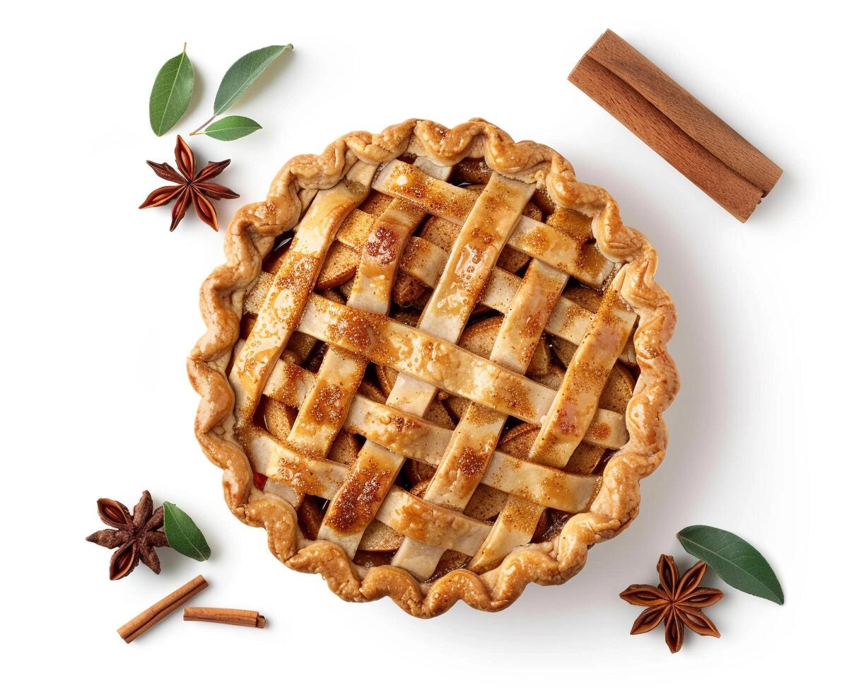 apple pie with cinnamon and spices on white background photo