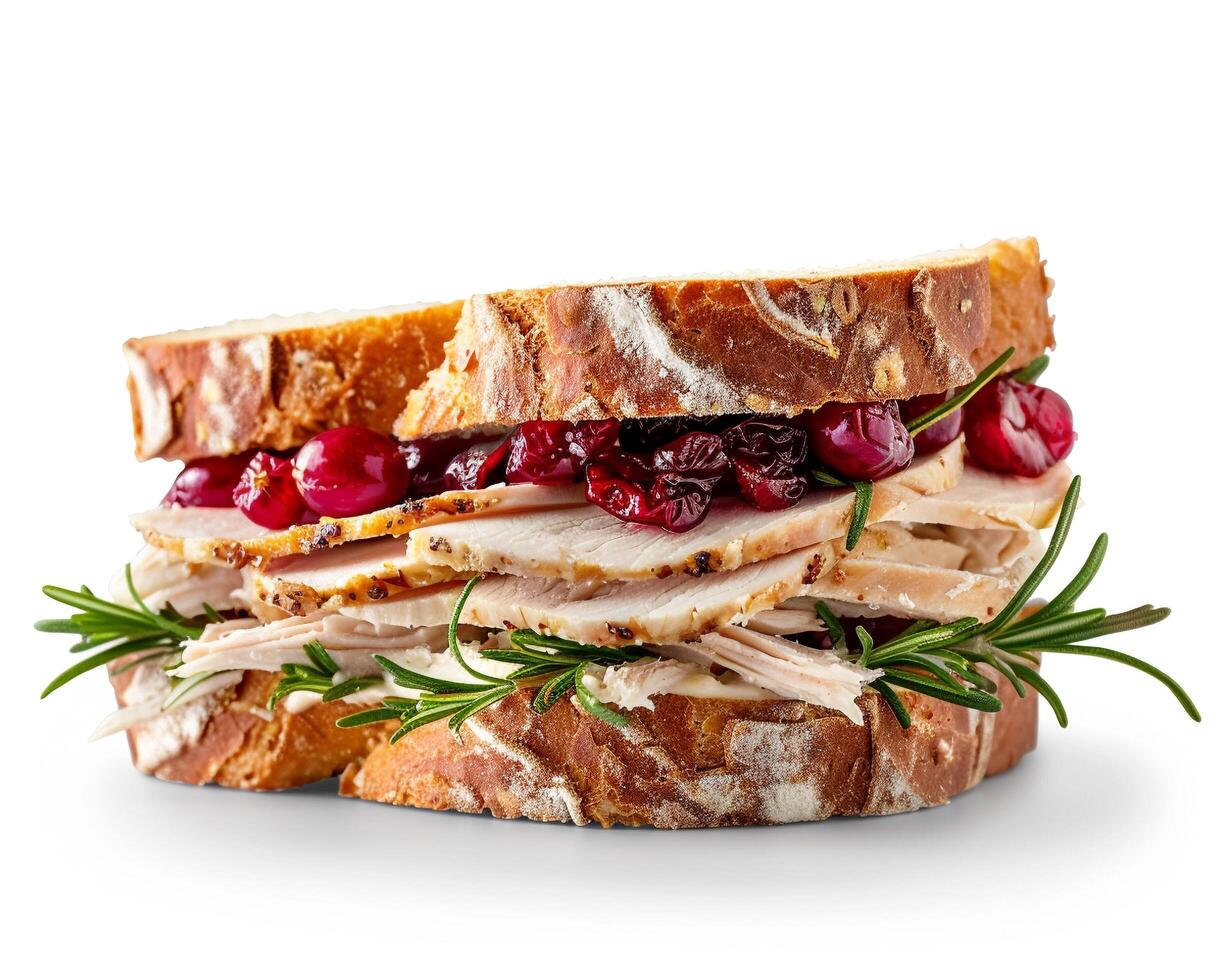 a turkey sandwich with cranberries and rosemary photo