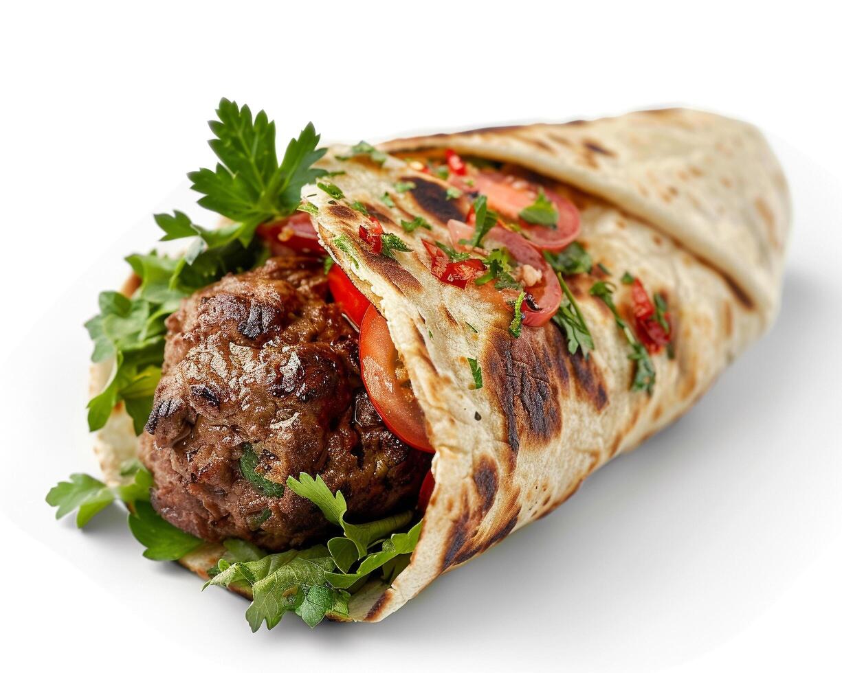 a burrito with meat and vegetables on a white background photo