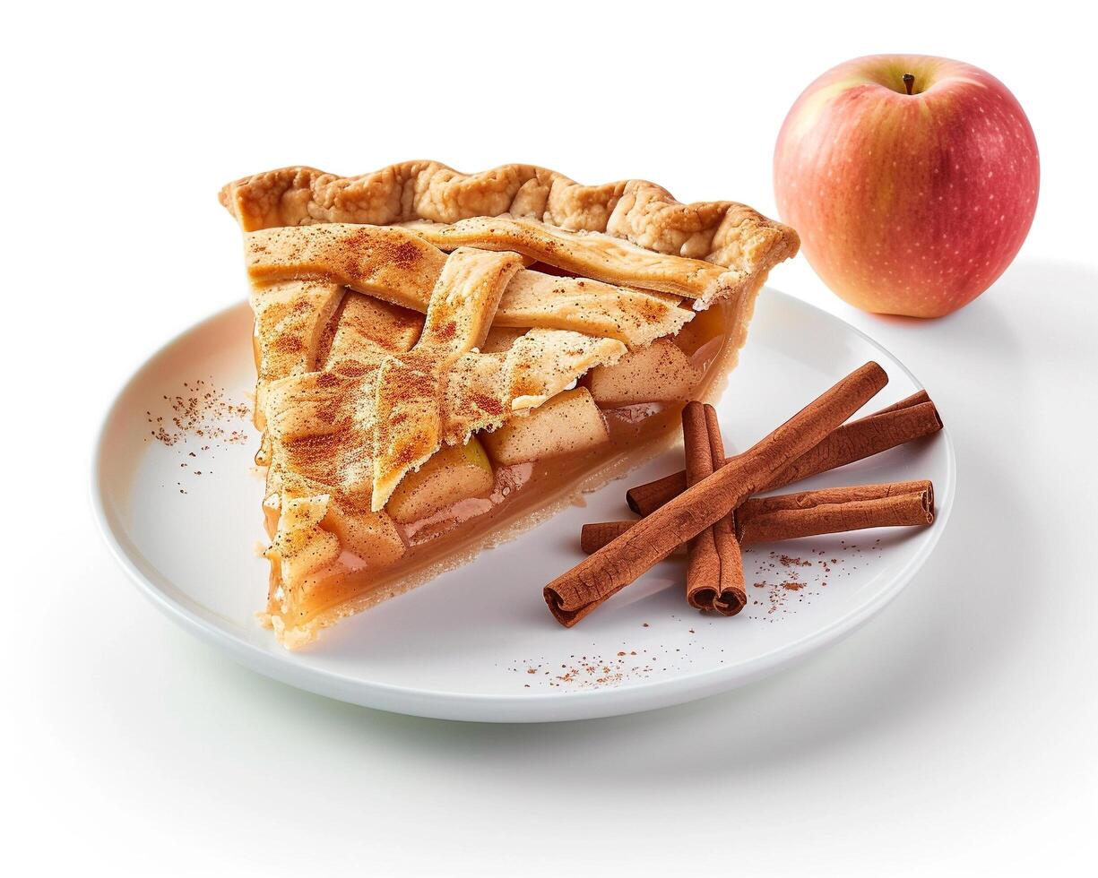 a slice of apple pie with cinnamon and an apple photo