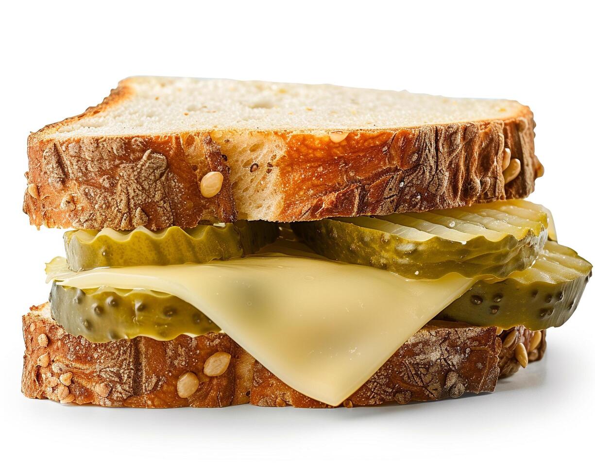 a sandwich with pickles and cheese on it photo