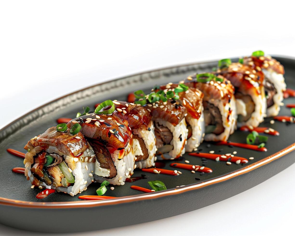 a black plate with sushi photo