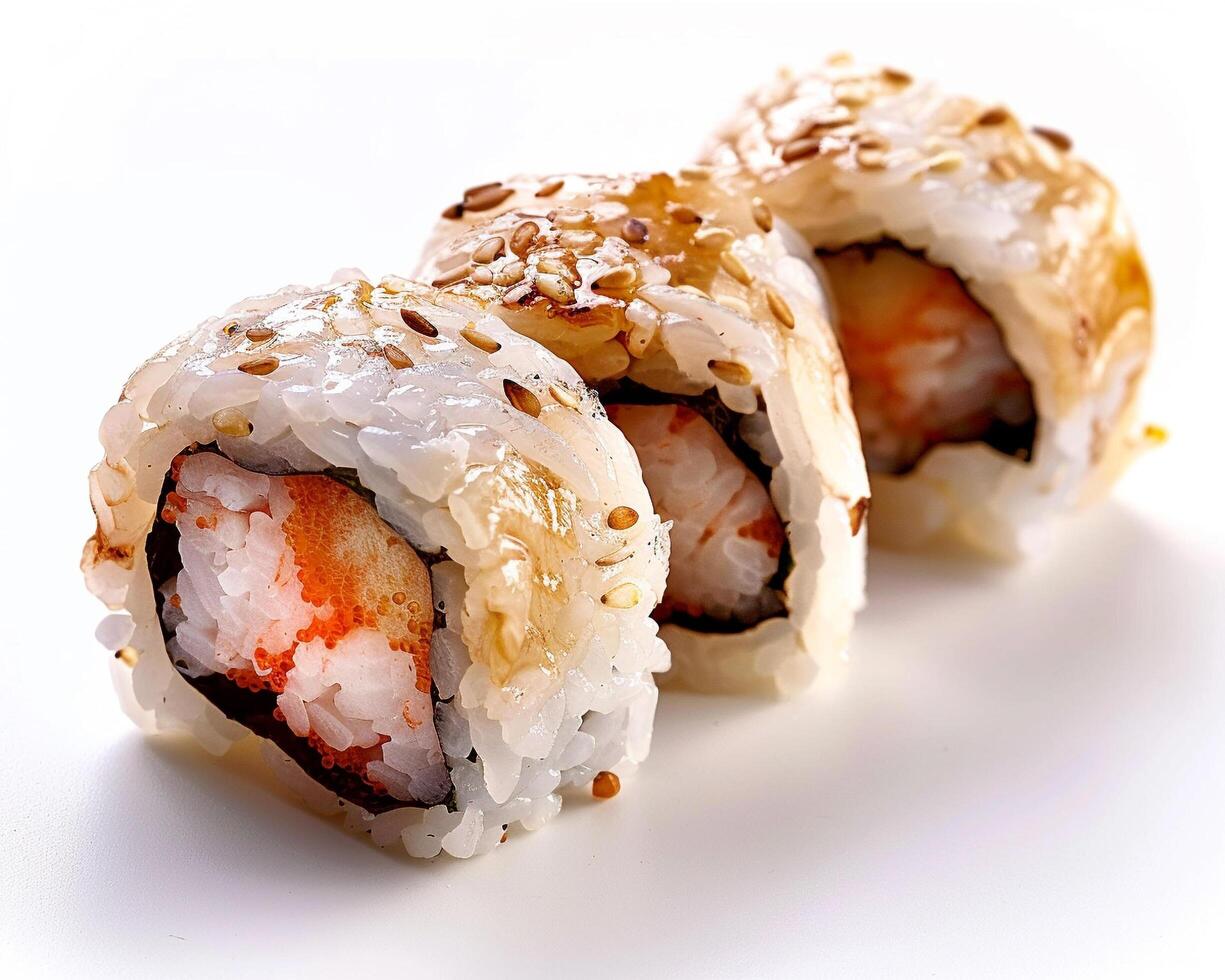 sushi roll with shrimp and sesame seeds photo