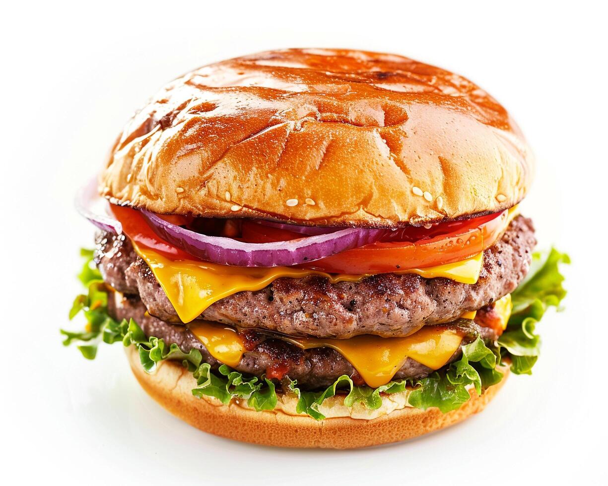 a large hamburger with cheese, onions and lettuce photo