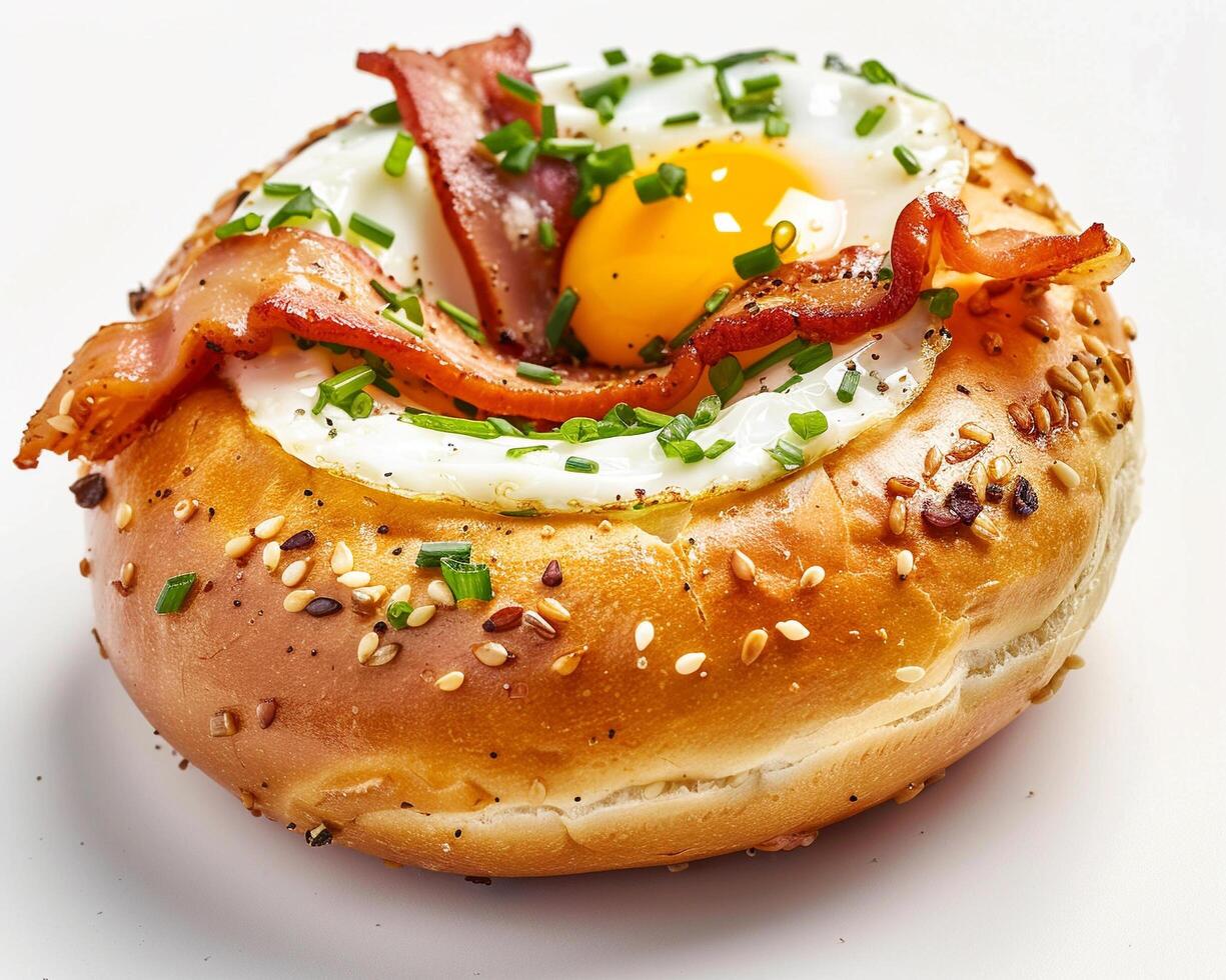a bagel with bacon and an egg on it photo
