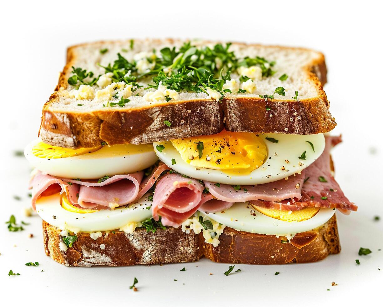 a sandwich with ham, eggs and cheese photo