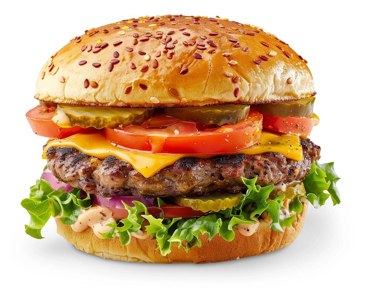 hamburger with cheese, lettuce, tomato, and pickles photo