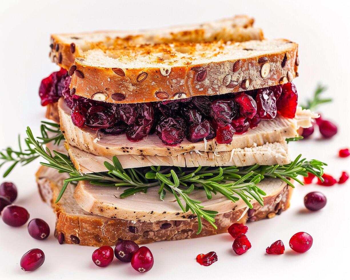 a turkey sandwich with cranberry sauce and rosemary photo