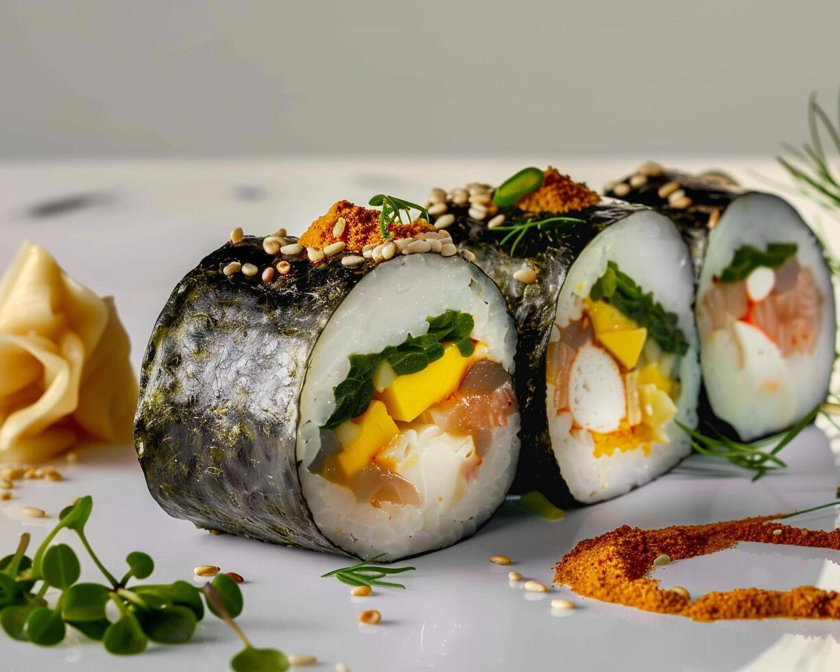 a sushi roll with vegetables and herbs on it photo