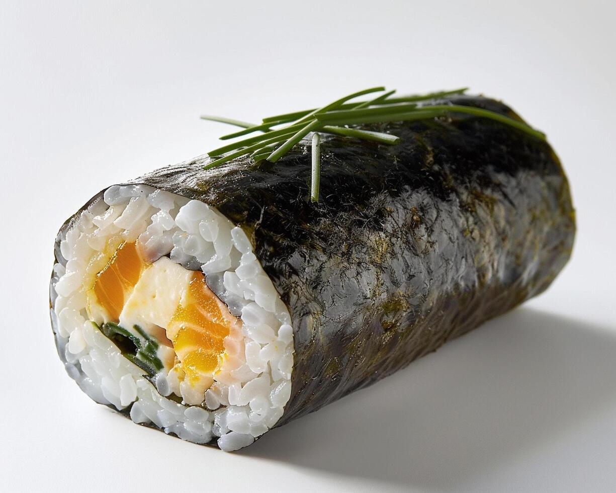 a sushi roll with an egg and herbs on top photo