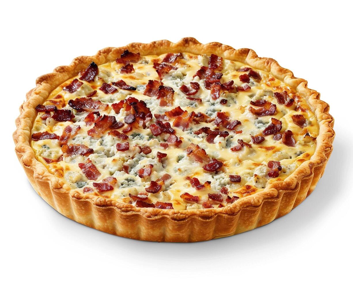 a quiche with bacon and cheese on top photo