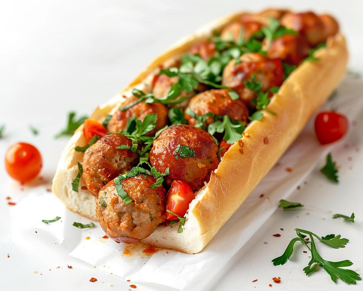 a long sub sandwich with meatballs and tomatoes photo