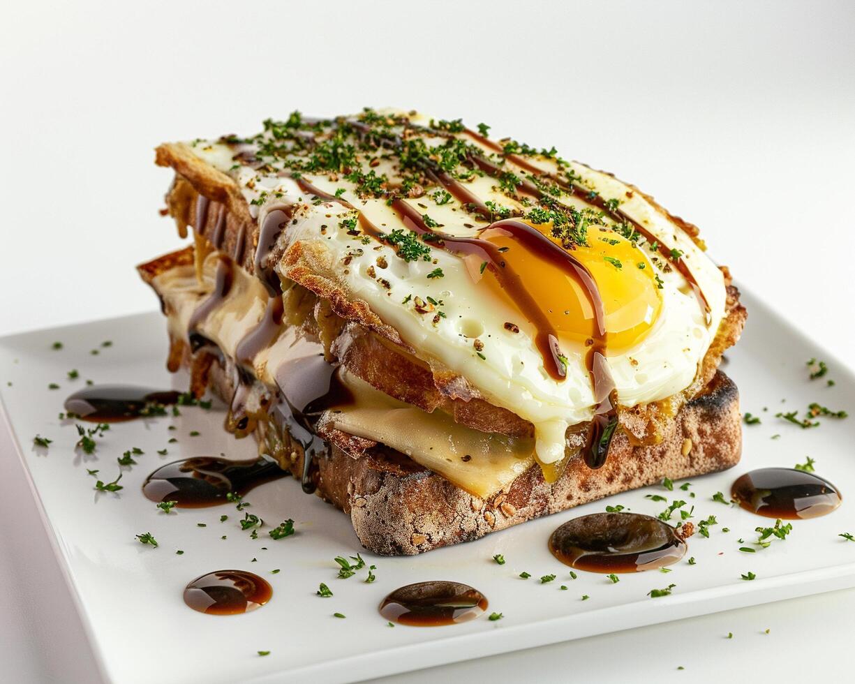 a plate with a sandwich with an egg on it photo