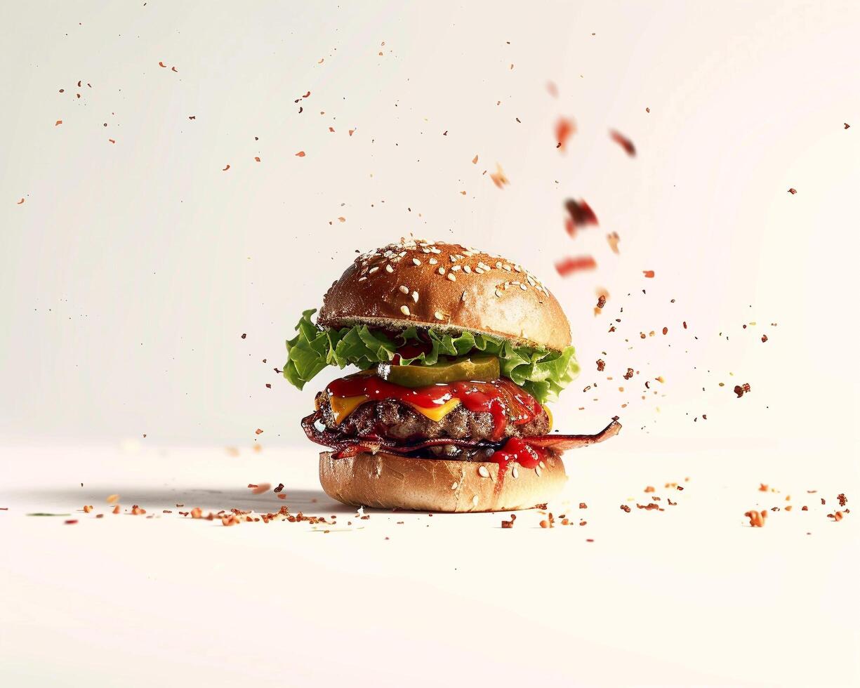 a hamburger is being thrown into the air photo