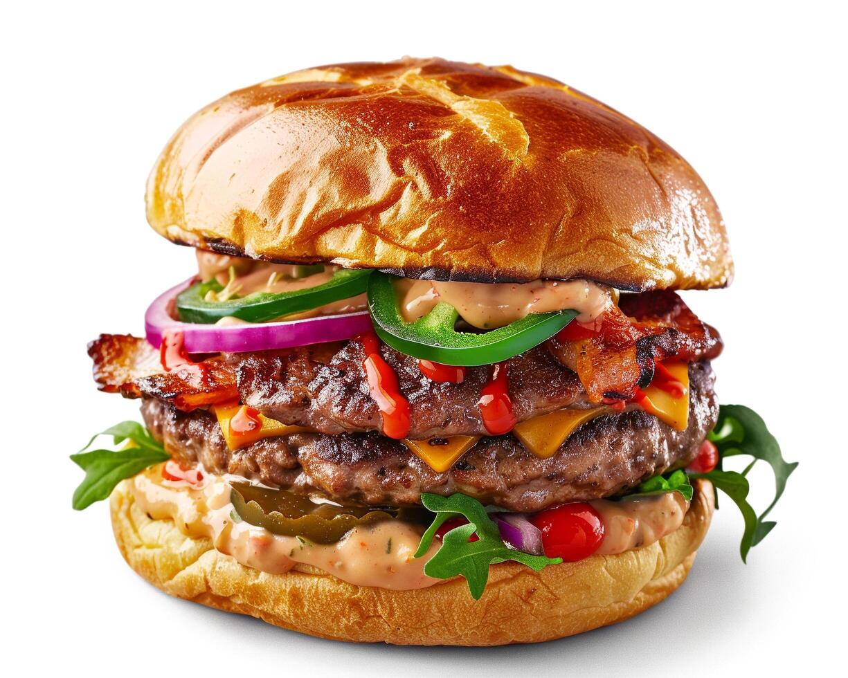 a large hamburger with cheese, bacon, and other toppings photo